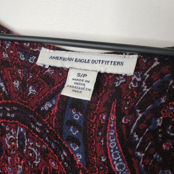 American Eagle Drop Waist Paisley Floral Dress S Maroon Burgundy Peasant Boho - Picture 8 of 10